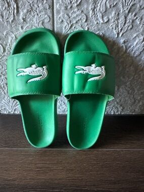 Lacoste Green Slide Sandals with White Crocodile Logo